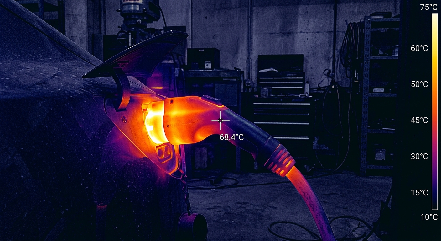 Thermal imaging visualization of heat buildup at an EV charger connector contact point