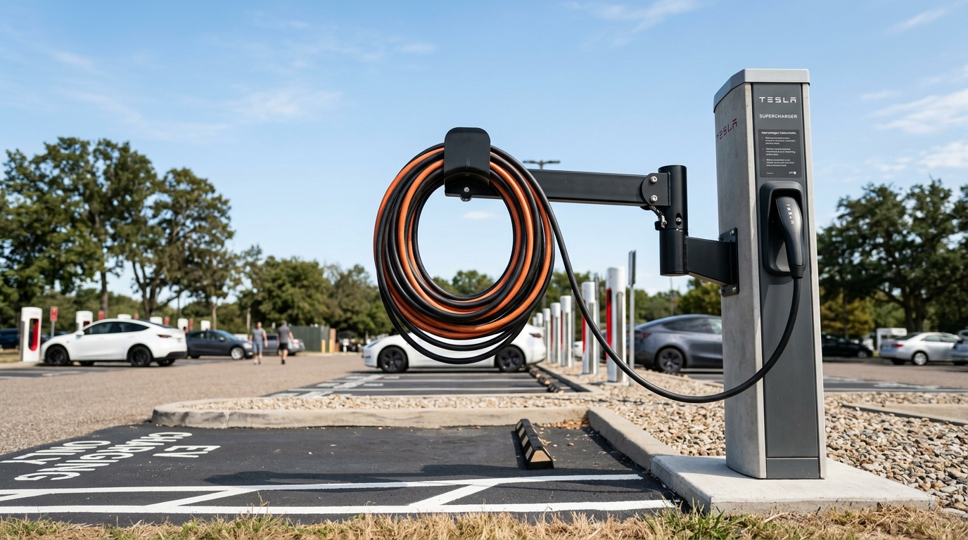 Properly coiled EV charging cable on a cable management arm to prevent bend radius damage