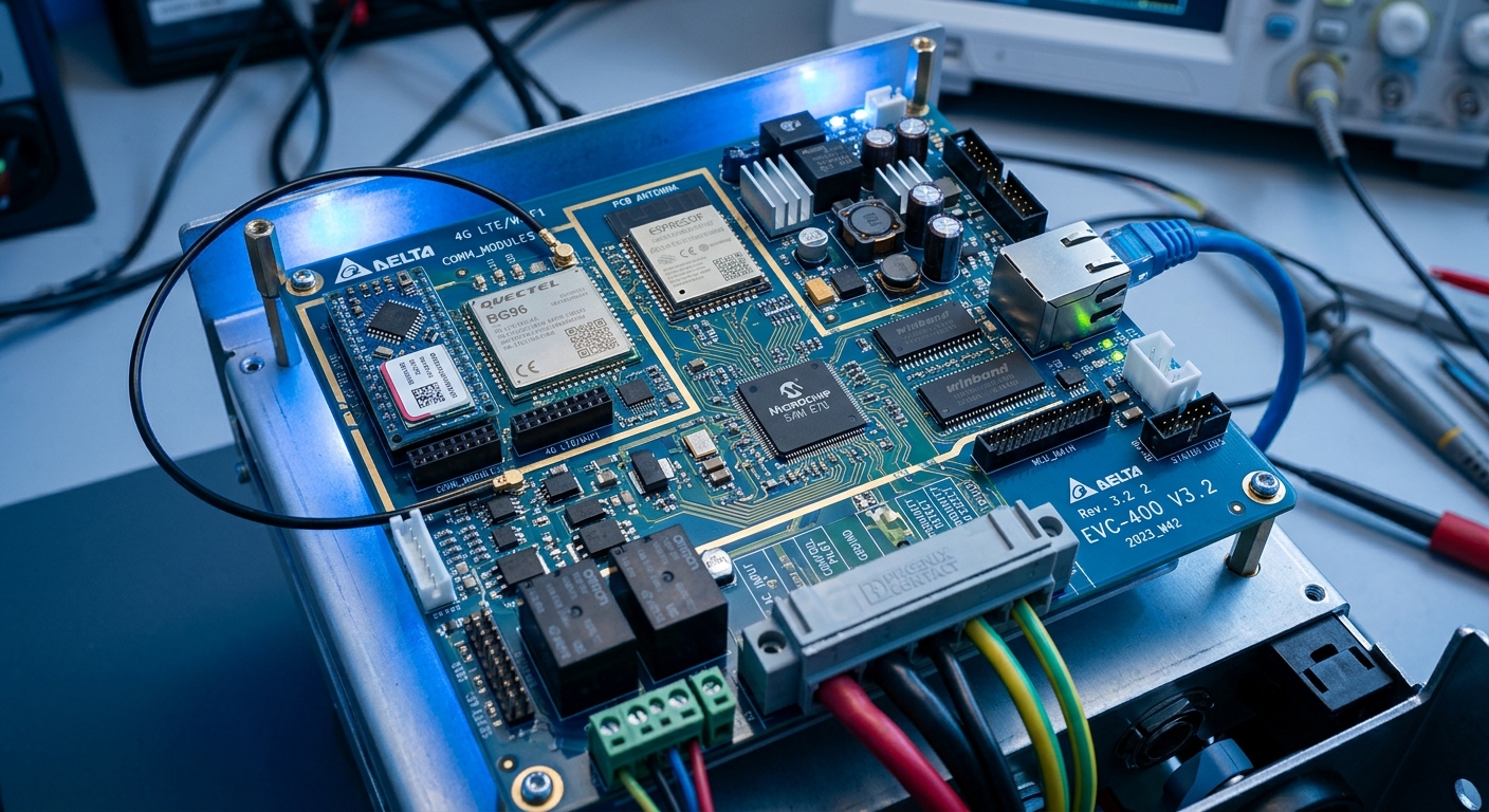 Internal control board of a networked EV charger showing communication modules