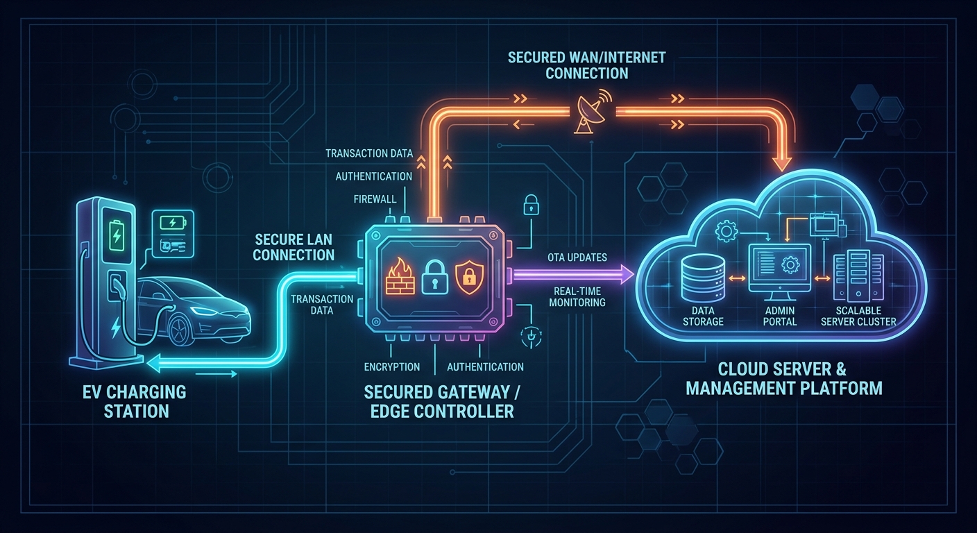 Network security diagram illustrating encrypted charger to cloud communication