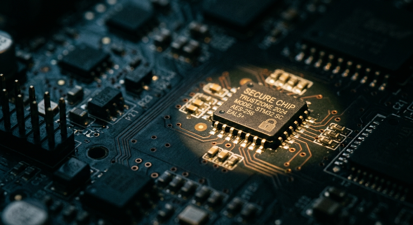 Macro view of a secure chip component on a circuit board for firmware verification