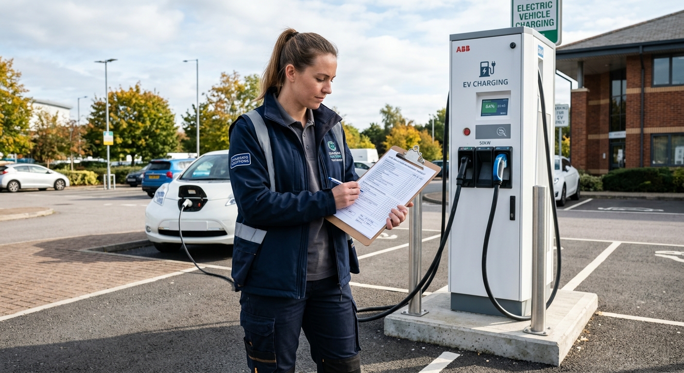 Technician reviewing a cybersecurity verification checklist beside an EV charging station
