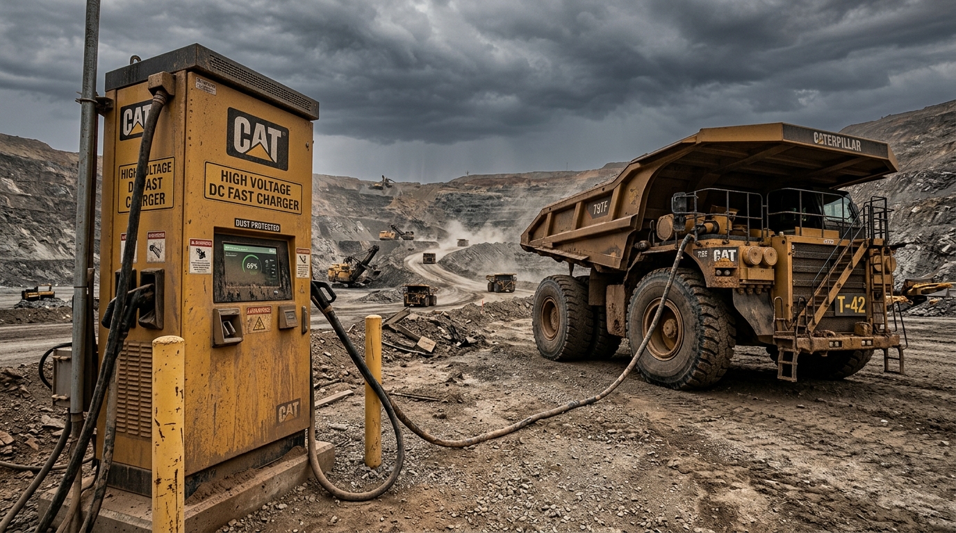 Industrial charger enclosure coated in fine mining dust under overcast sky