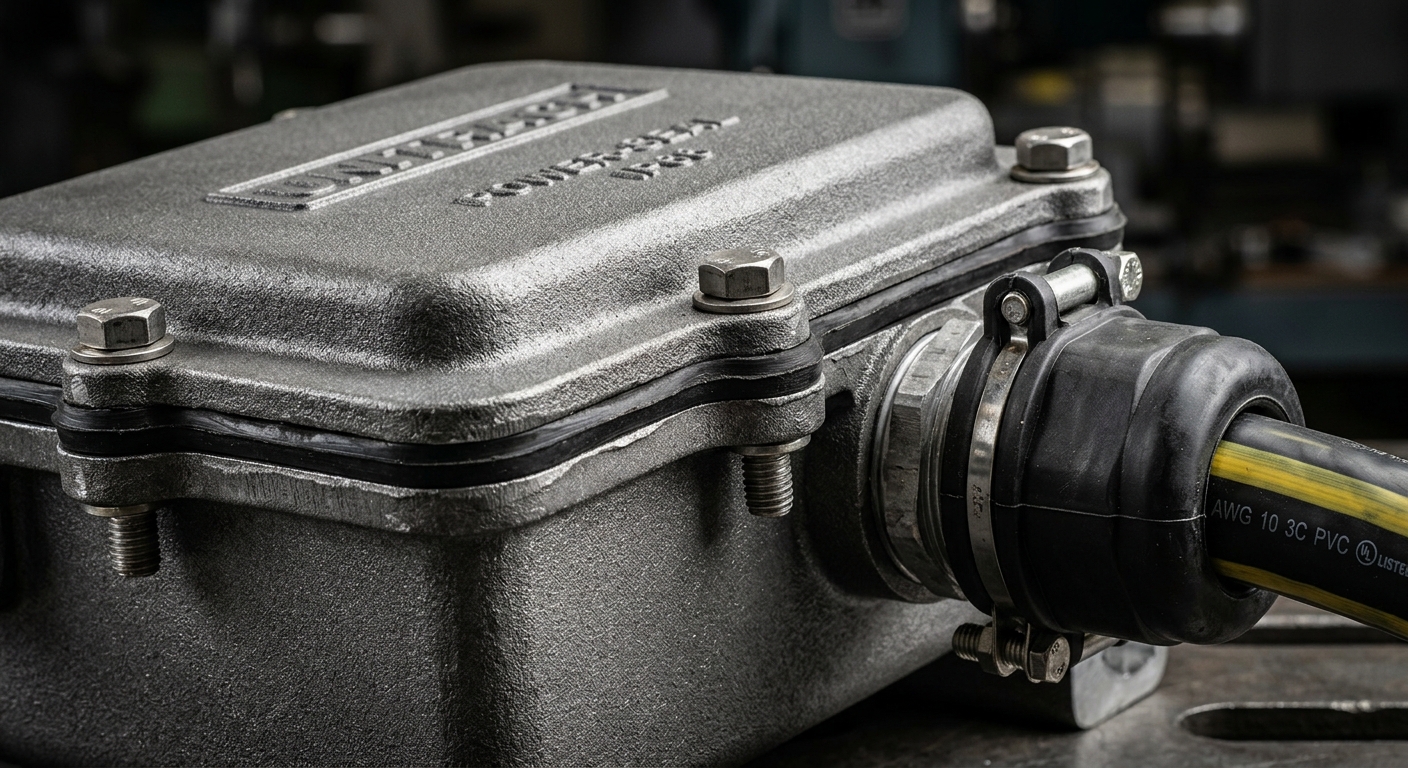 Close-up of sealed connector boot and gasket seams on a mining-grade charger