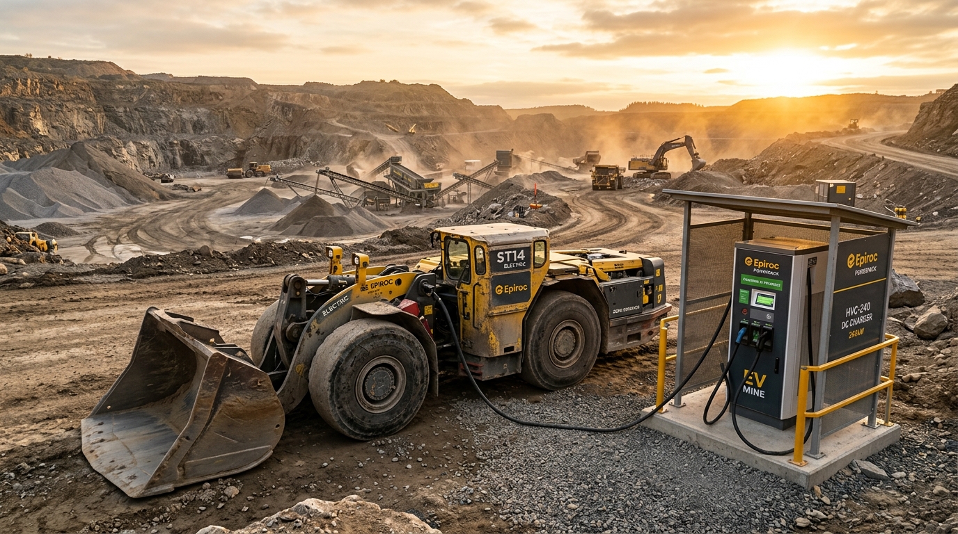 Electric mining loader charging at a DC fast charging station in a quarry