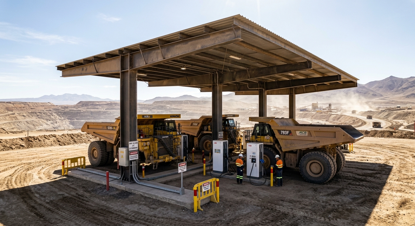 EV charger installation shaded under a canopy in a hot desert mining environment