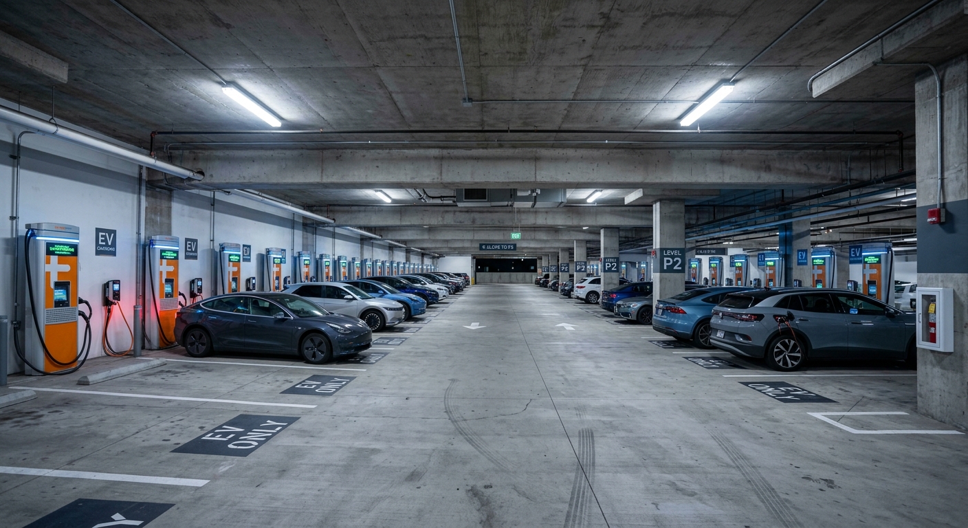 Underground parking garage with multiple EV charging stations and meter displays