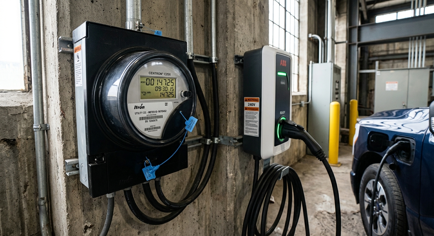 Revenue-grade electric meter mounted next to an EV charger for billing accuracy