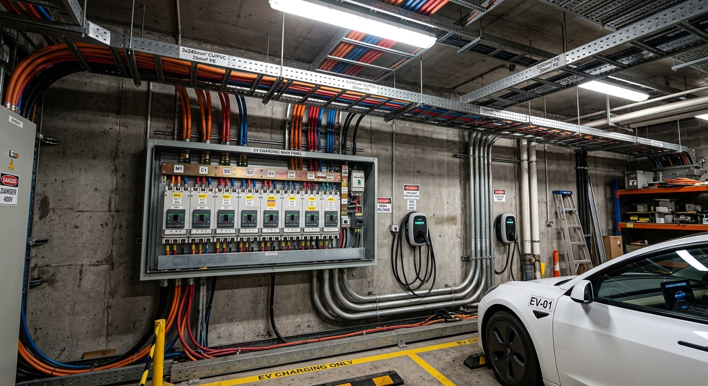 Electrical panel room feeding a multi-unit EV charging installation