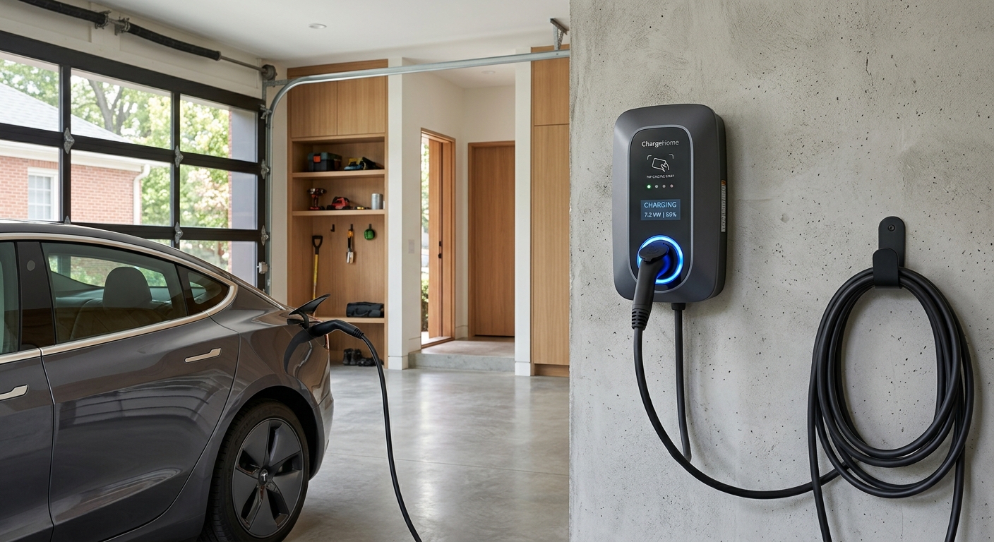 Wall-mounted AC EV charger with RFID card reader in a residential garage