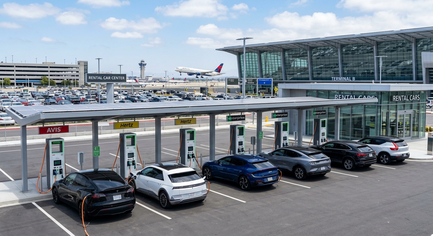 Row of DC fast chargers at a rental car lot with vehicles actively charging
