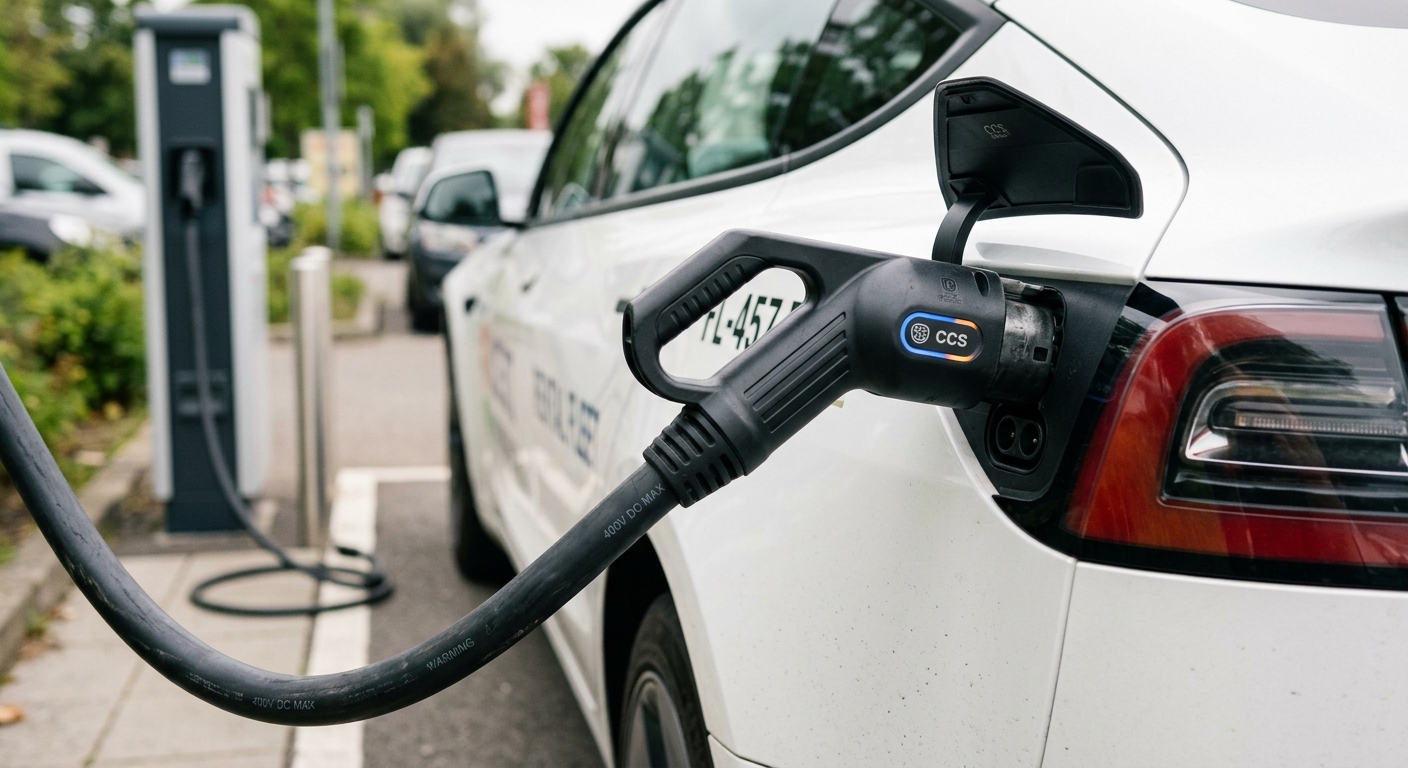 Close-up of DC fast charging connector plugged into a rental sedan