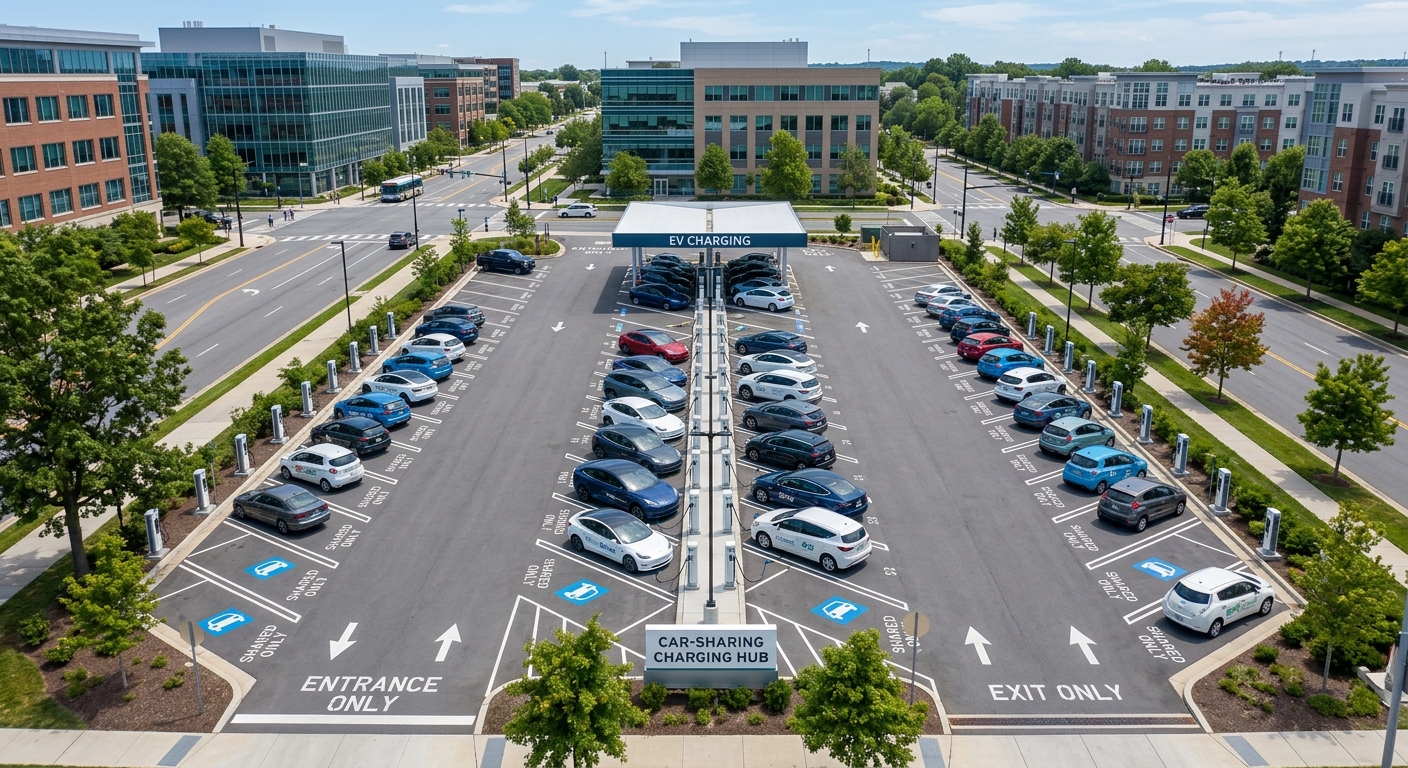 Aerial view of car-sharing charging hub with pull-through parking bays