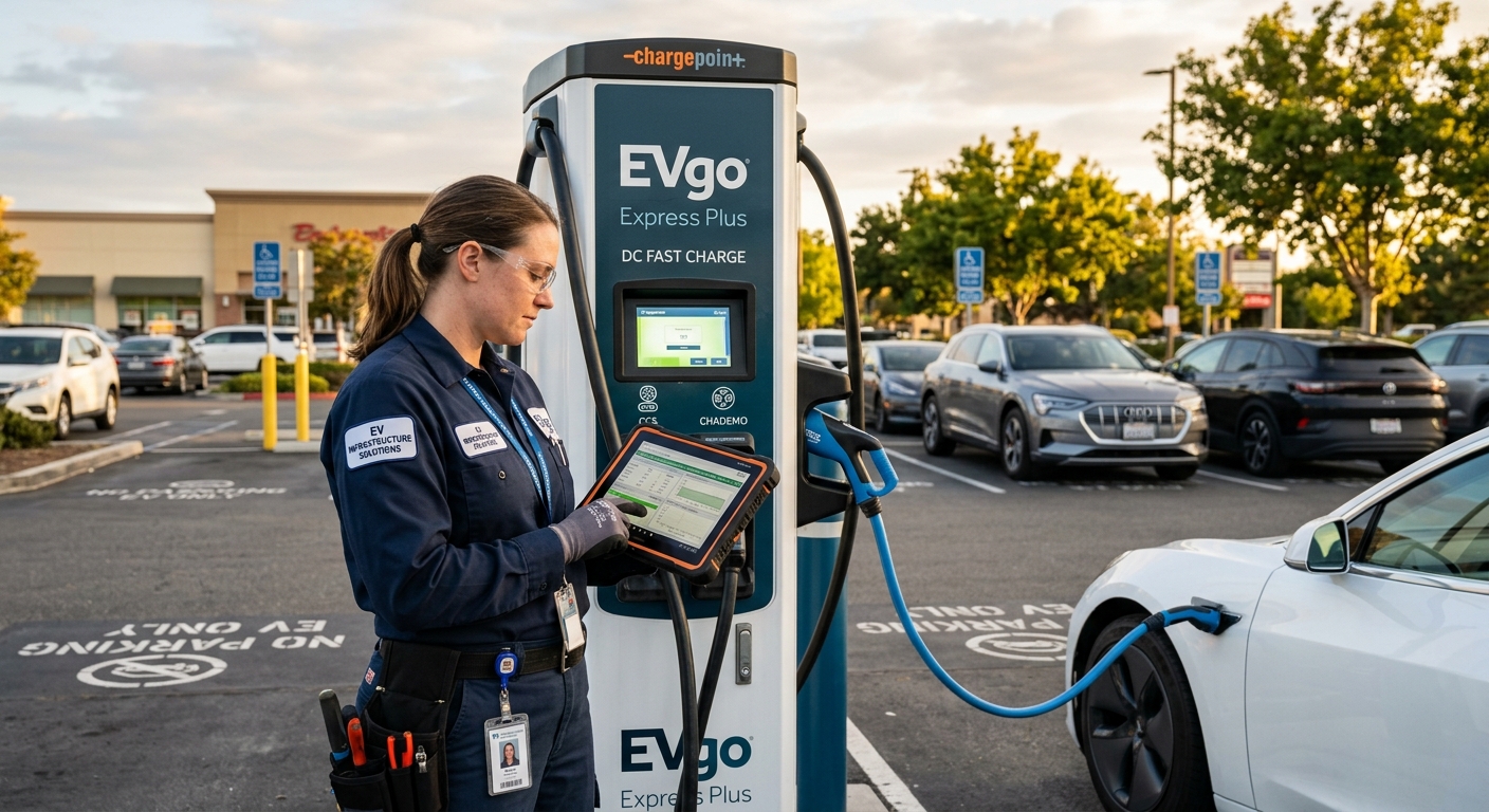 Technician performing diagnostics on an outdoor DC fast charger