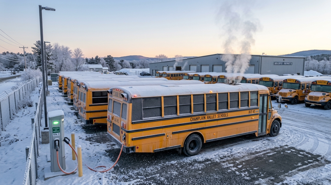 Electric school bus at depot charging station on a frosty winter morning