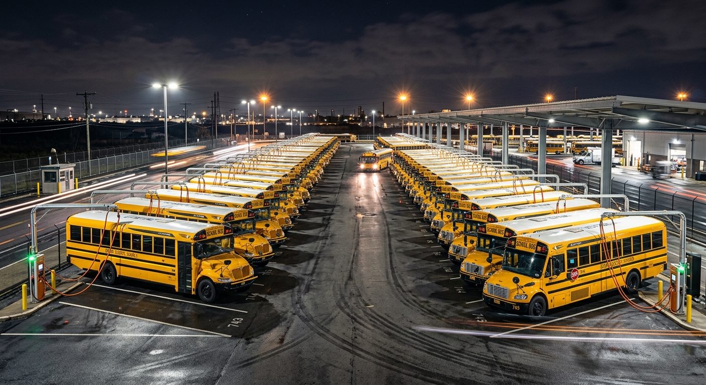 Electric school buses lined up overnight at a depot with charging cables connected