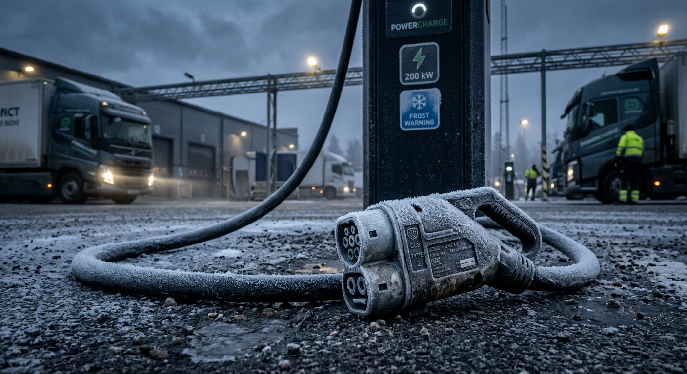 Frost-covered EV charging cable and connector at a winter depot