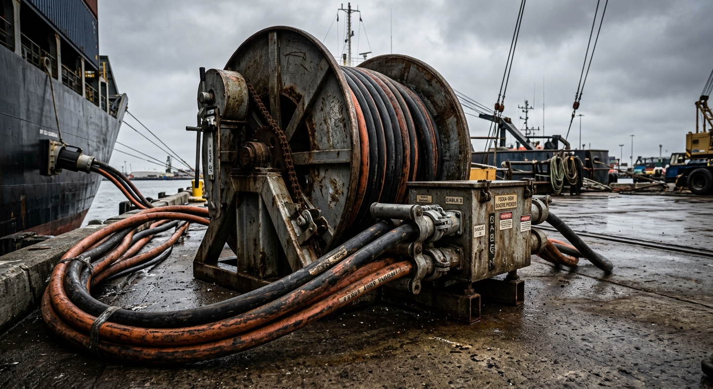 Marine shore power cable and reel connection equipment on a dock