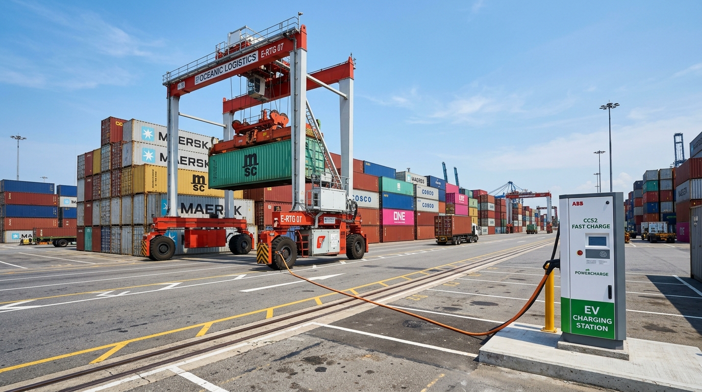 Electric rubber-tired gantry crane charging at a container terminal yard block