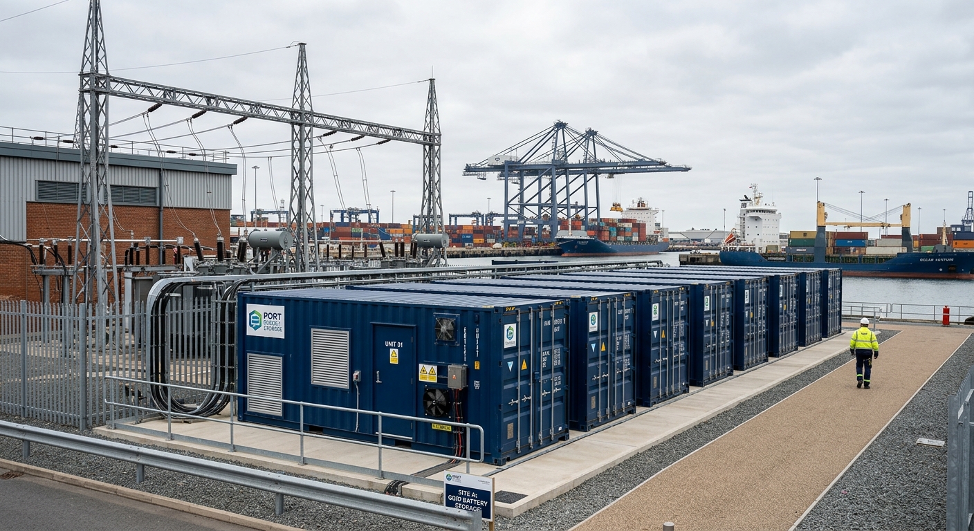 Battery storage units supporting port grid interconnection for electrification