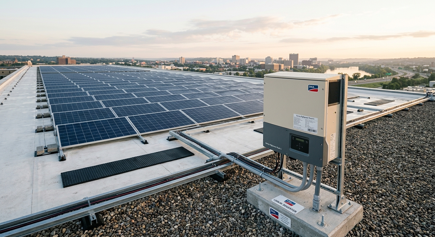 Solar panel array on commercial rooftop with inverter cabinet