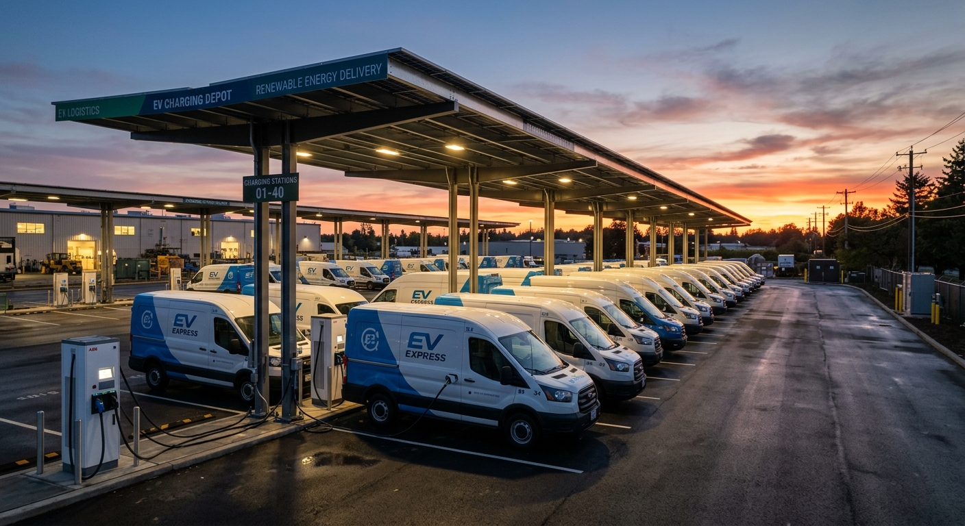 Electric delivery vans charging at a depot during evening hours