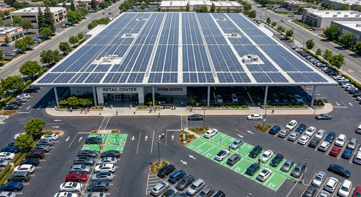 Rooftop solar array above retail parking lot with EV charging stalls