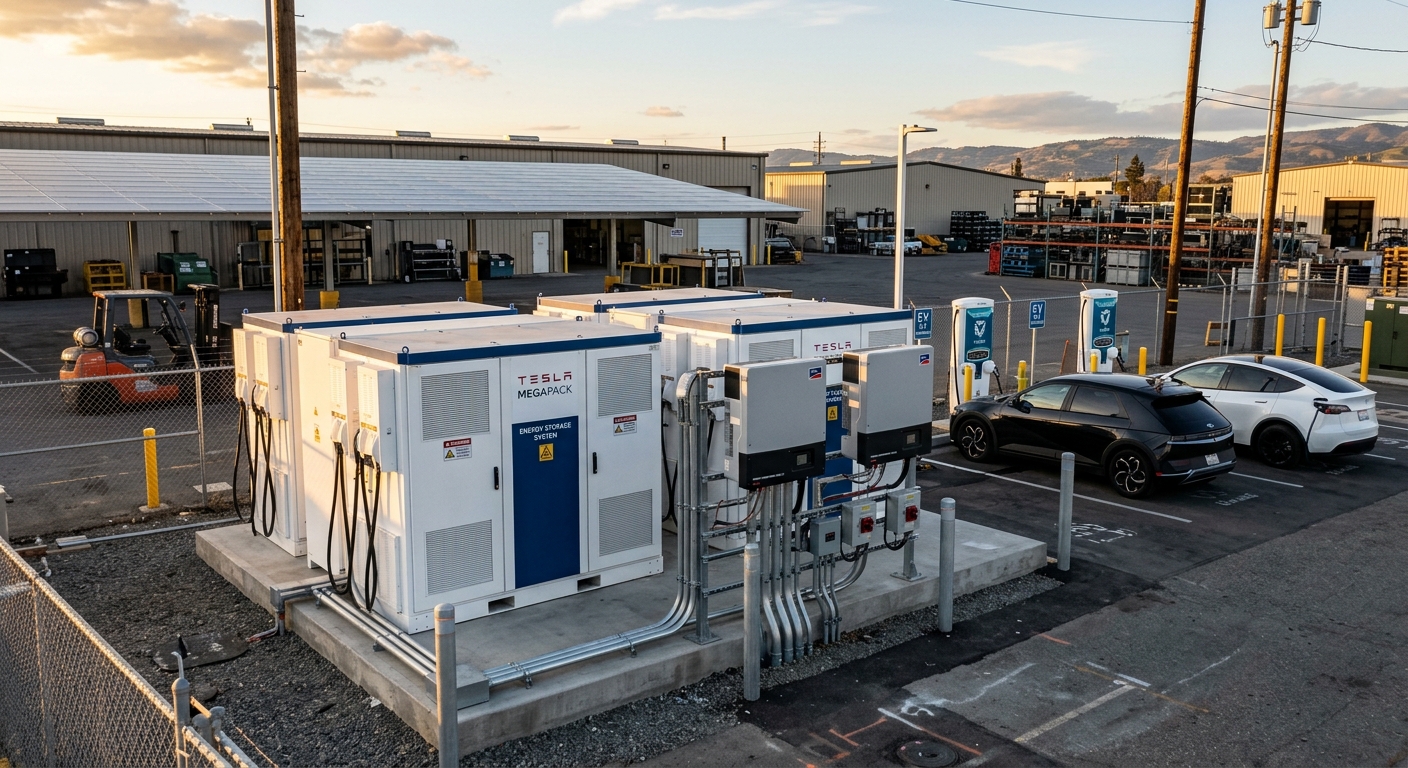 Battery energy storage cabinets beside solar inverters at EV charging site