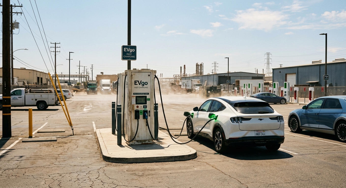 Outdoor DC fast charger operating under hot summer sunlight showing thermal stress conditions