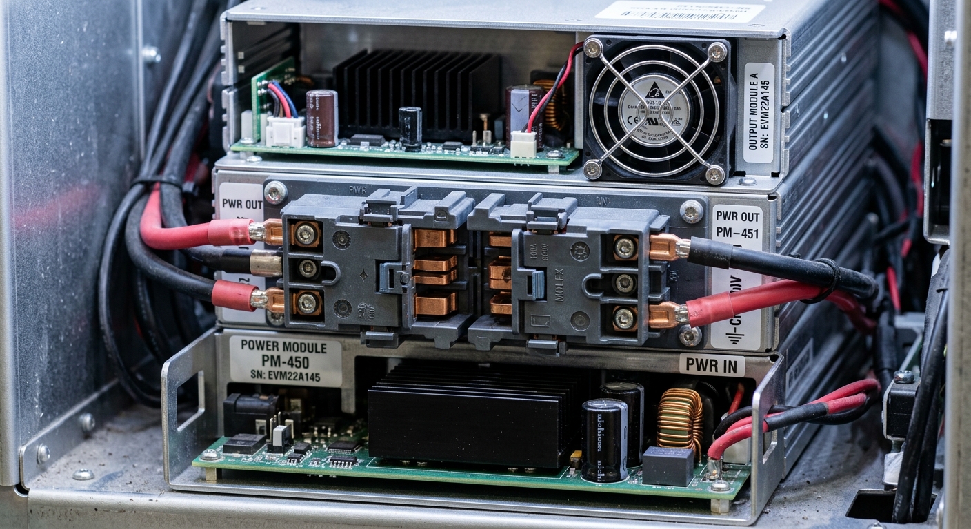 Modular power electronics blocks inside an EV charger cabinet illustrating redundant design