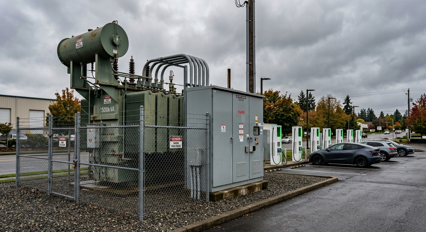 Electrical transformer and switchgear infrastructure supporting an EV charging site