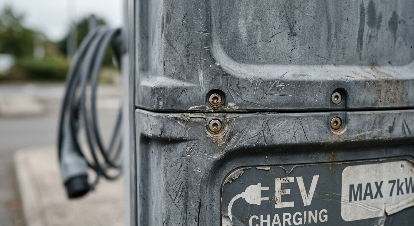 Weathered outdoor EV charger enclosure showing signs of long-term wear and material fatigue