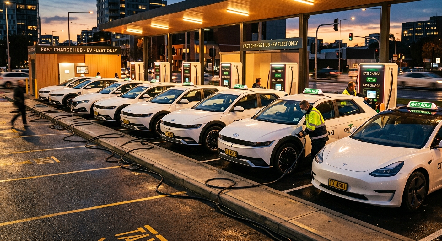 Row of electric taxis connected to fast chargers at dusk