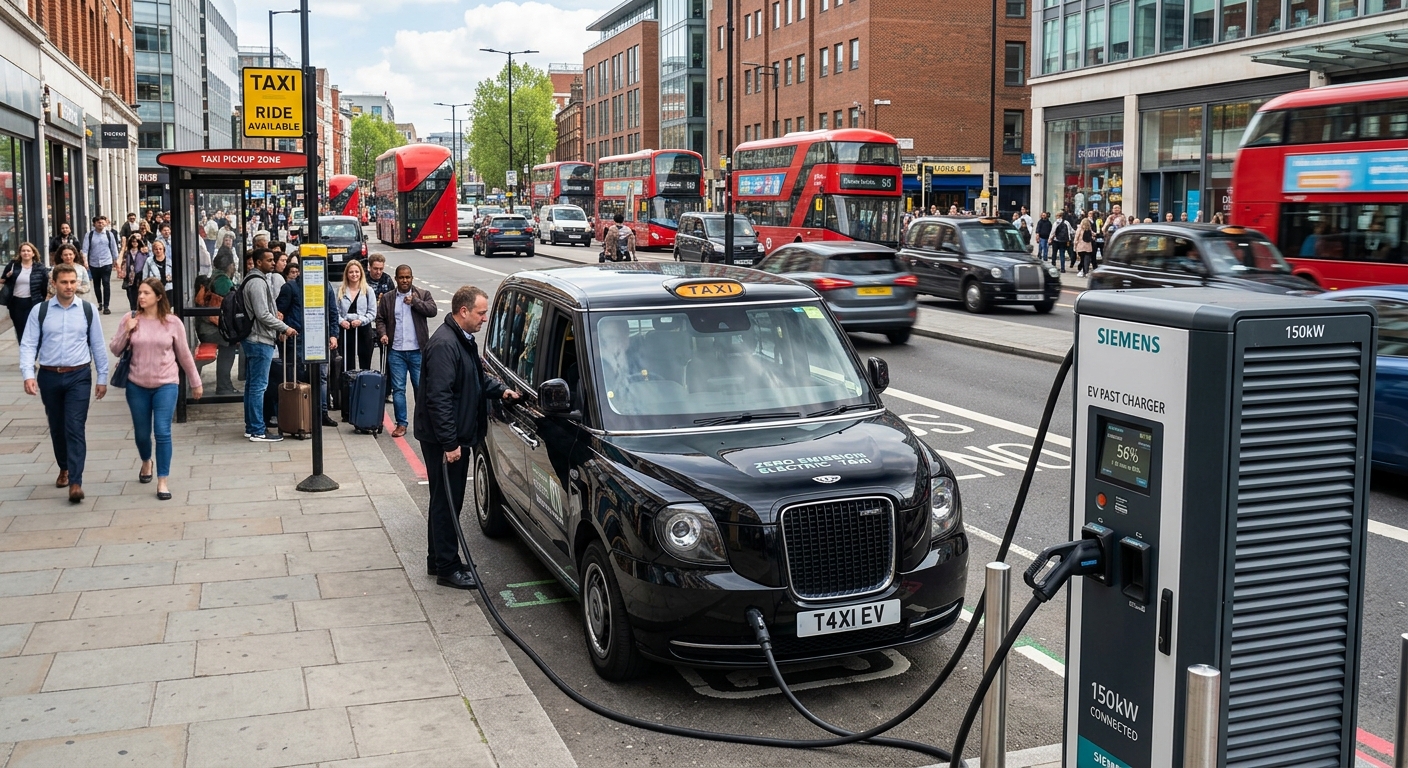 Electric taxi charging quickly at urban DC fast charger