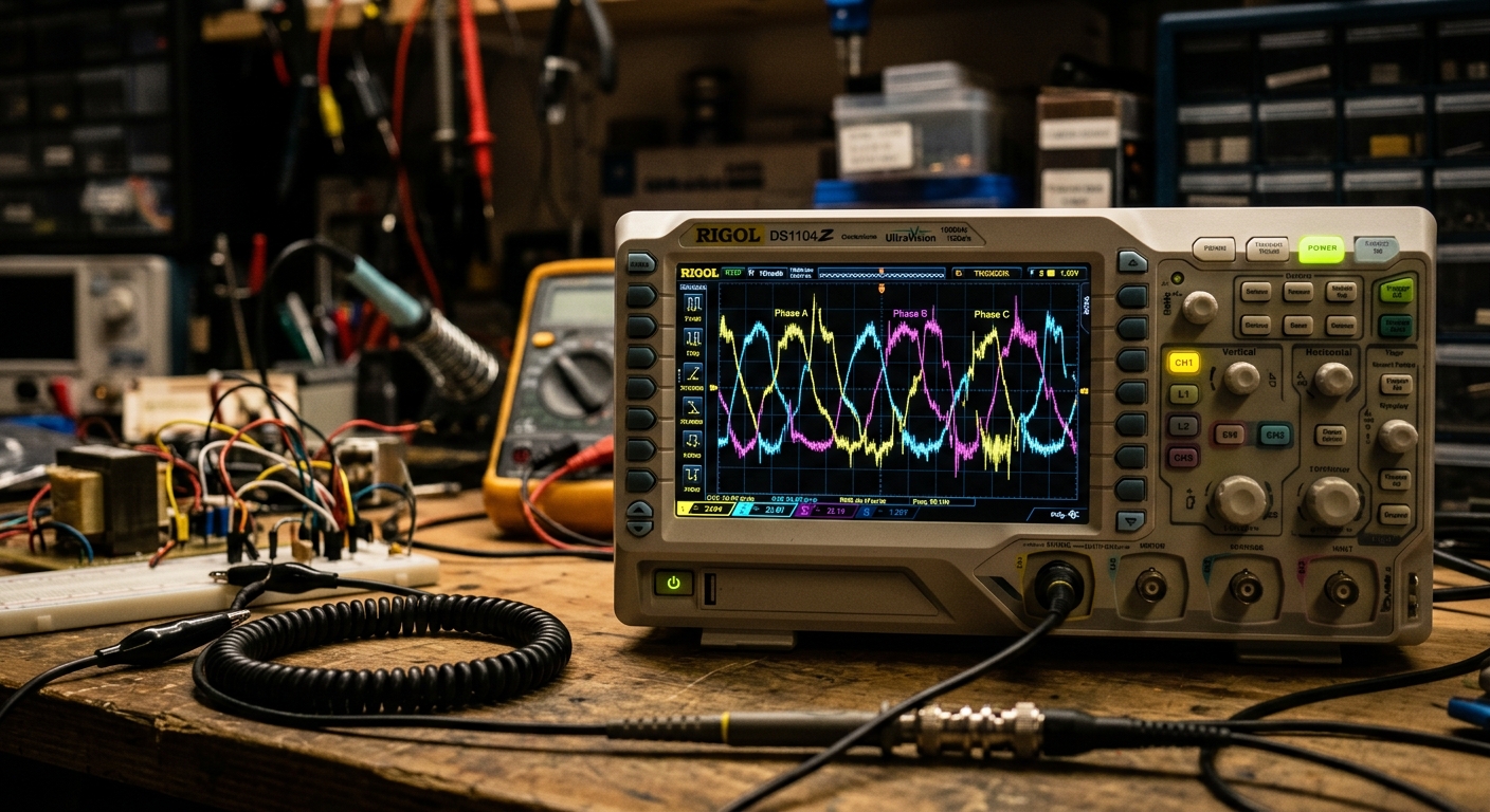 Oscilloscope showing distorted three-phase current waveform from harmonic distortion