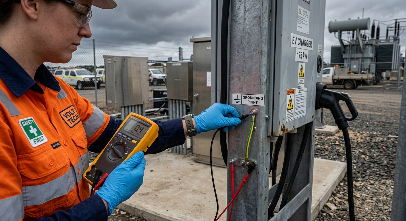 Technician testing grounding connection on outdoor EV charger enclosure