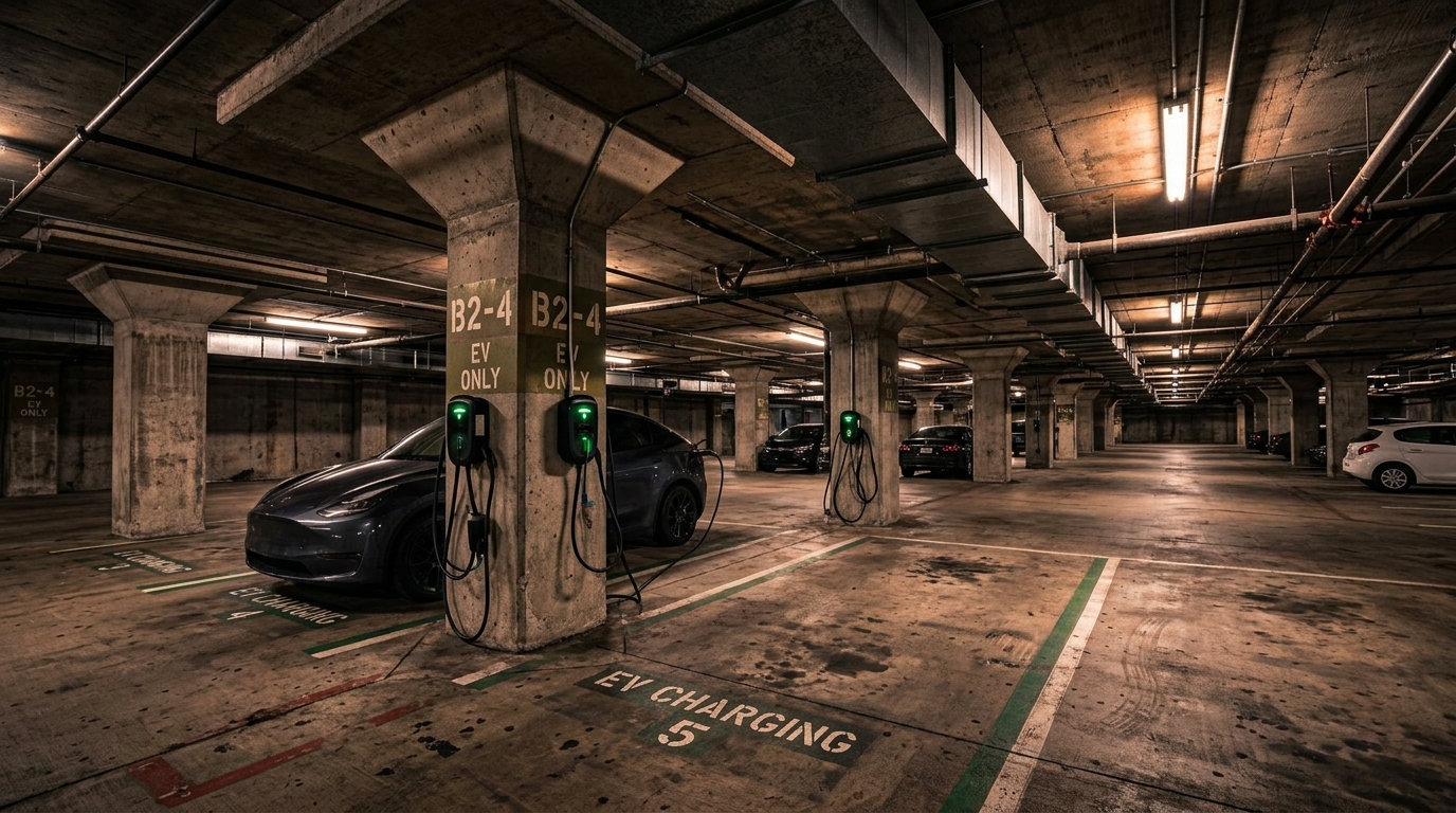 Underground parking garage level with EV chargers near ventilation ductwork