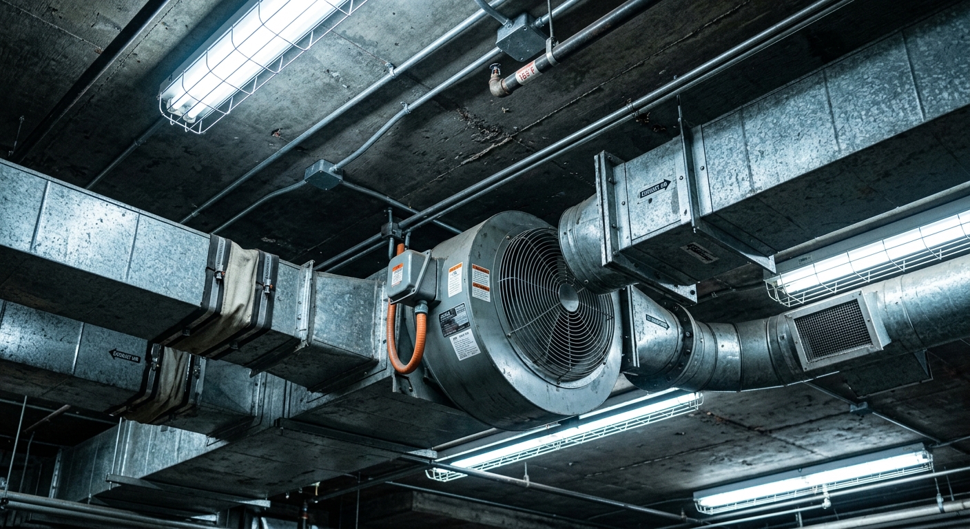 Industrial ventilation ductwork and exhaust fans in a parking garage ceiling