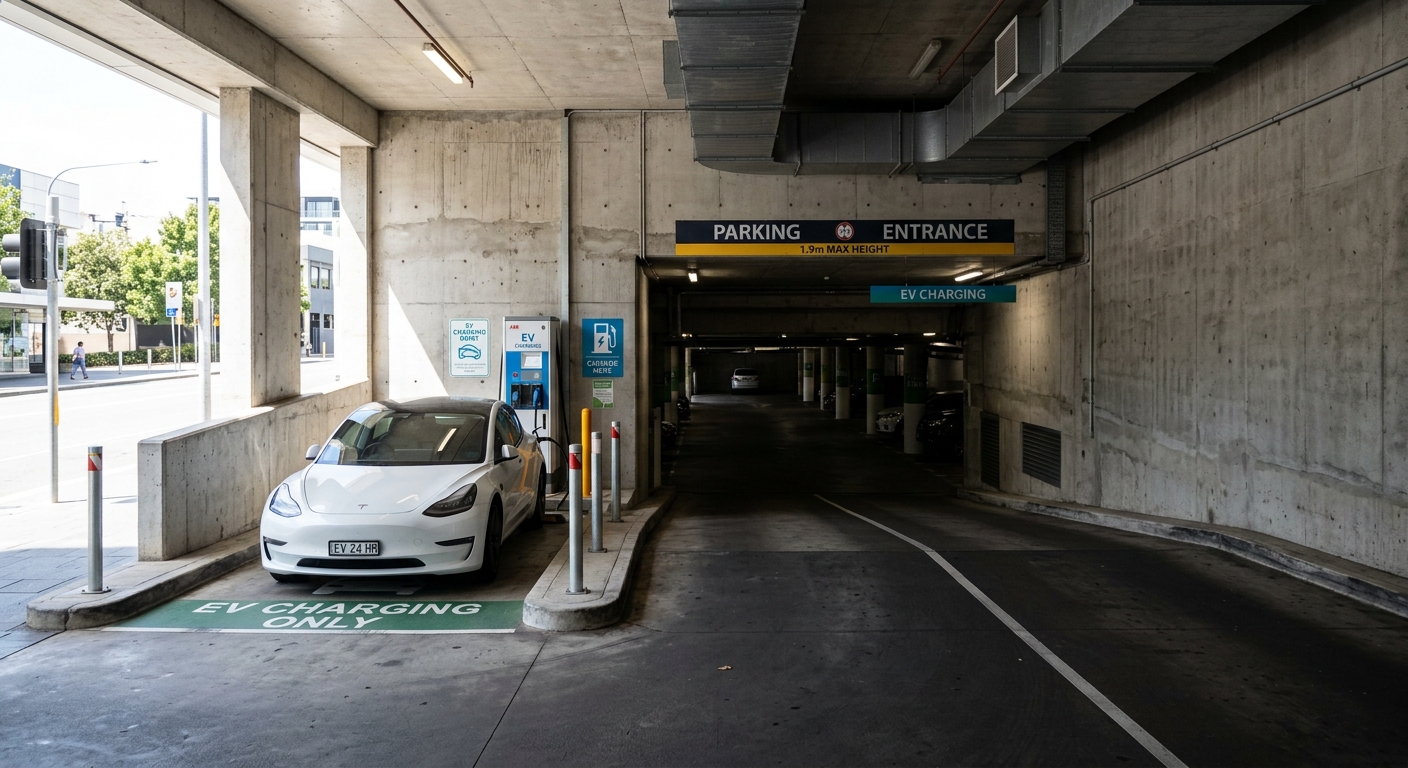 EV charging bay positioned near a garage ramp entrance with natural airflow