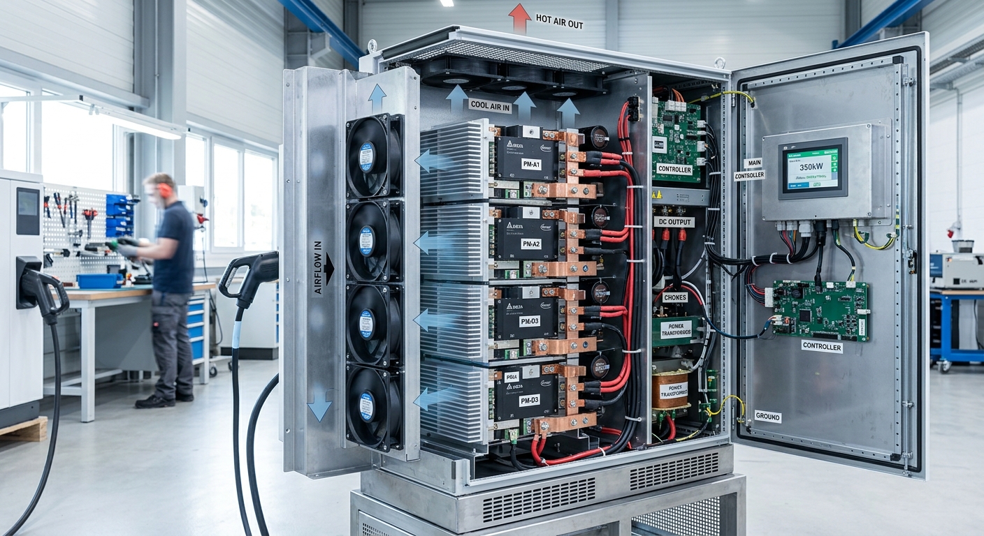 Open DC fast charger cabinet showing internal cooling fans and power modules