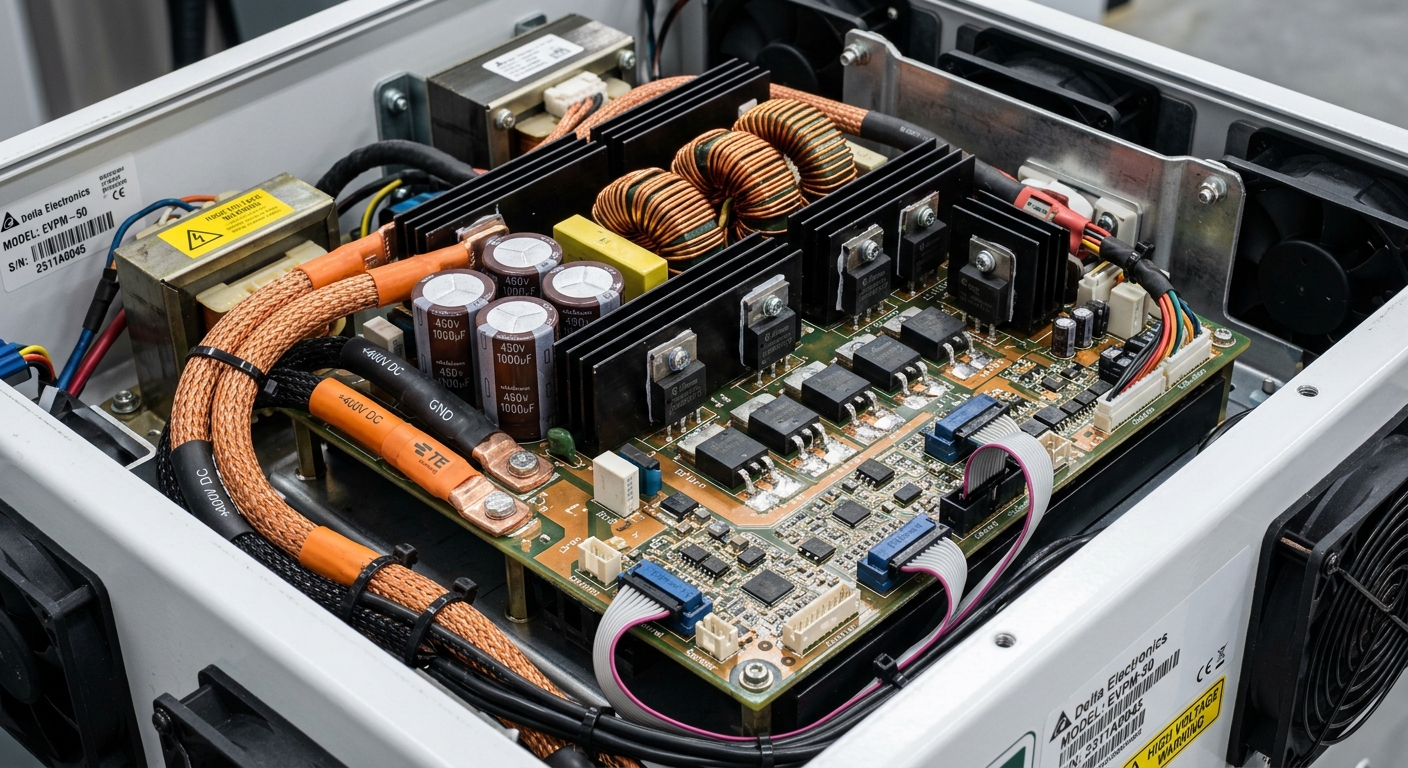 Internal power module of an EV charger showing bidirectional inverter circuitry