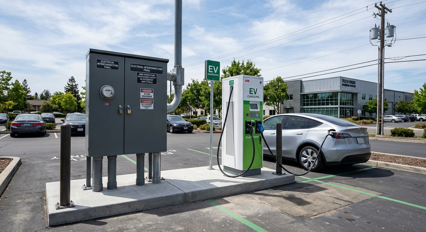 Utility grid interconnection point next to an outdoor EV charging station