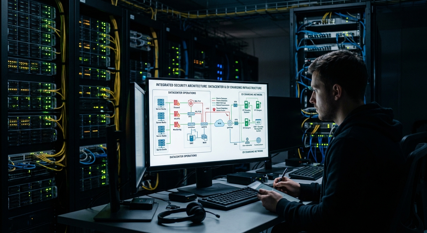 Networked EV charging infrastructure security concept with server racks