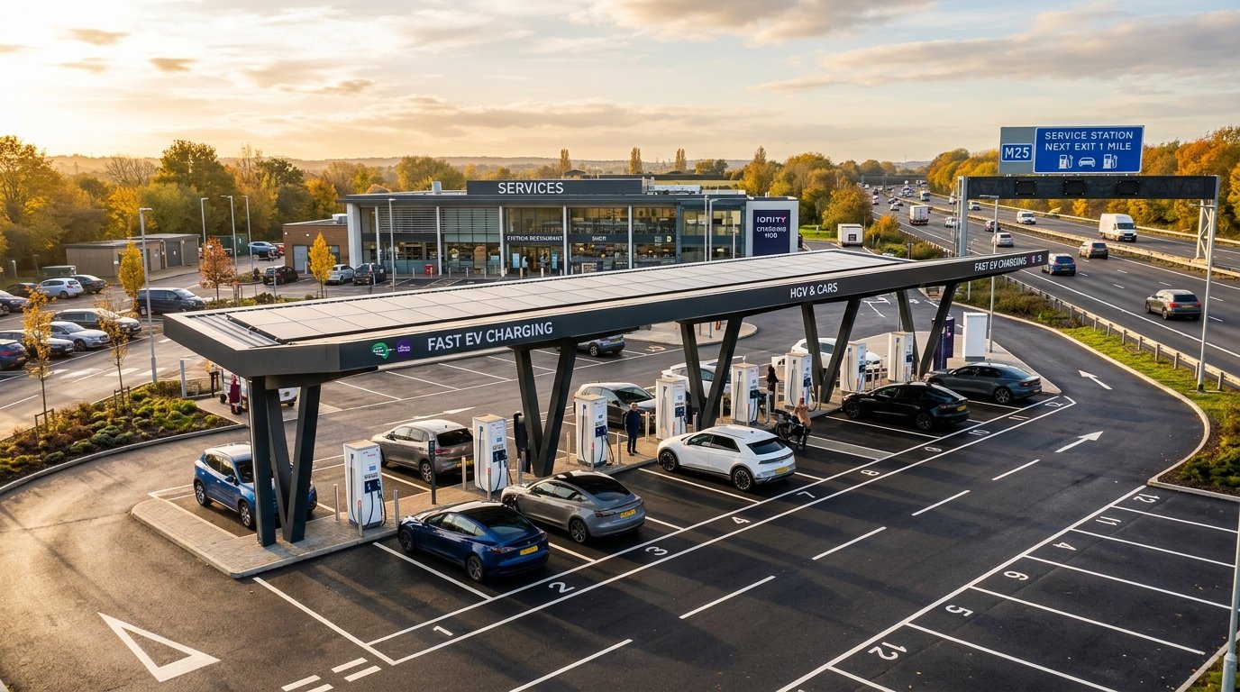 Highway service station with multiple DC fast charging bays spaced along a European corridor