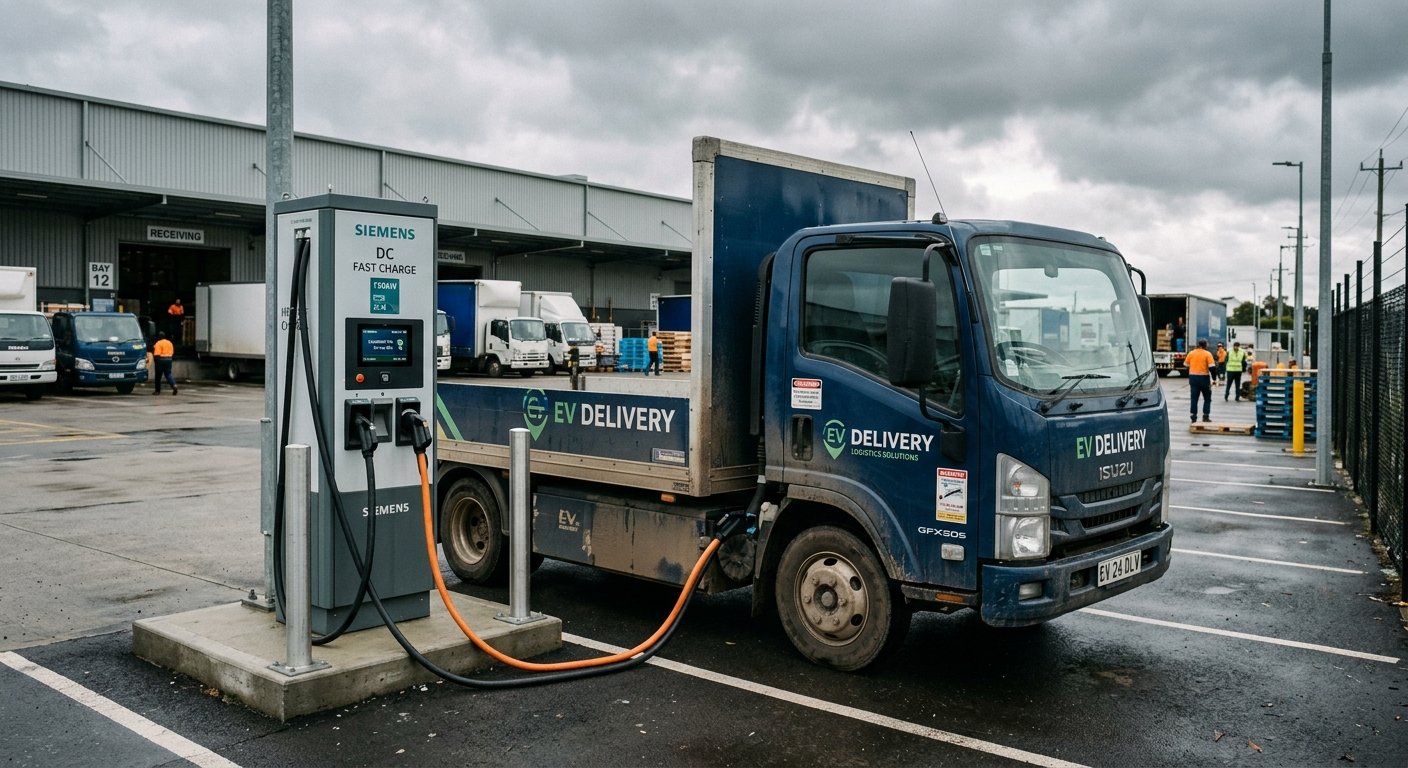 Electric delivery truck charging at a logistics depot with a high-power DC charger
