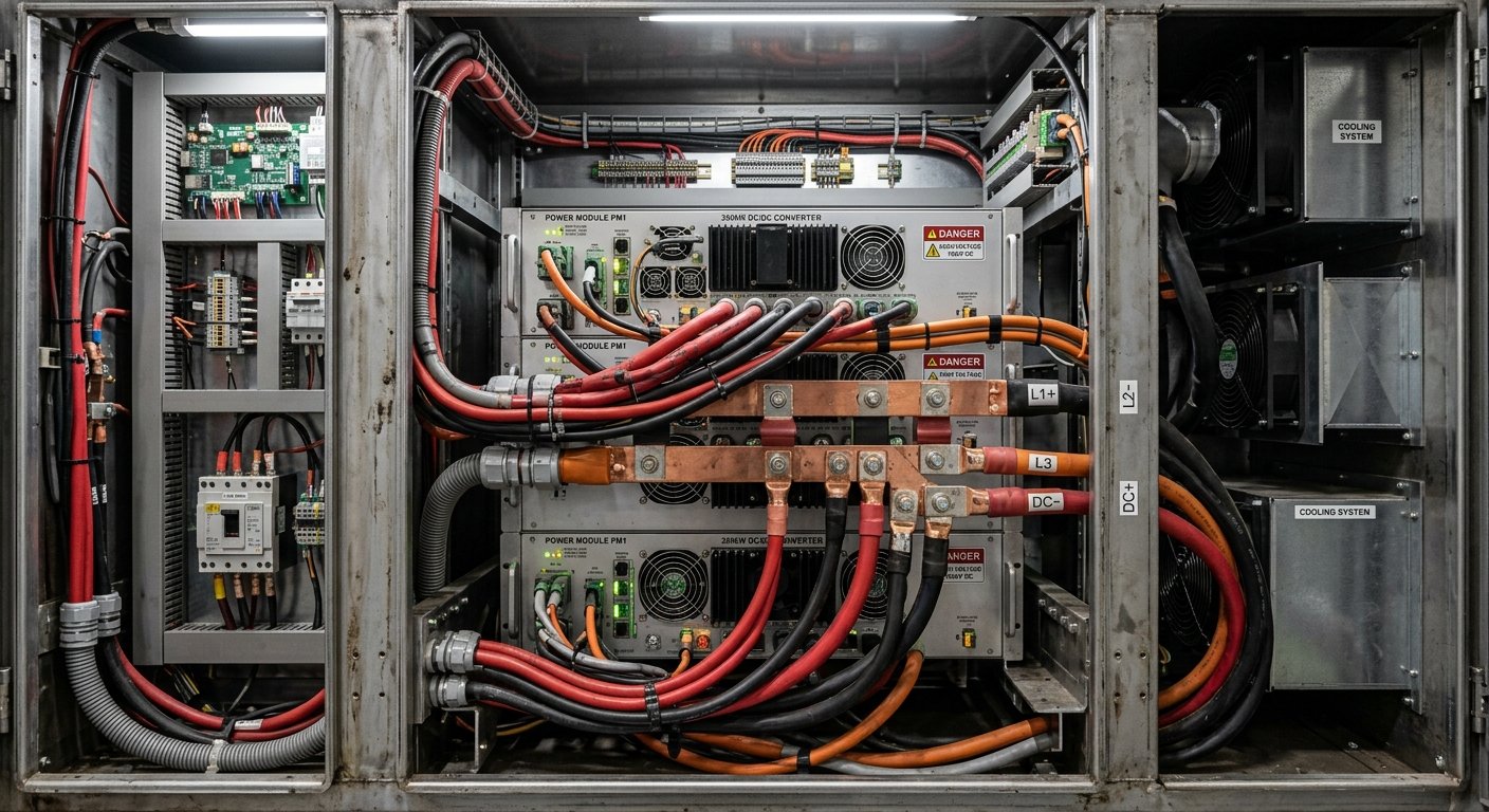 Internal power modules of a DC fast charger showing modular architecture and protection circuitry