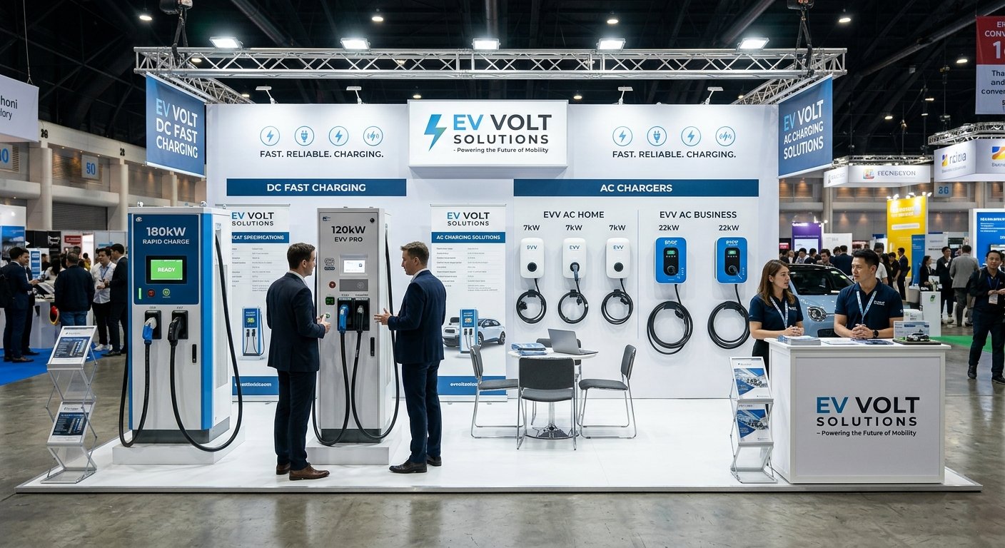 Trade show exhibition display of DC fast chargers and AC chargers for the European market