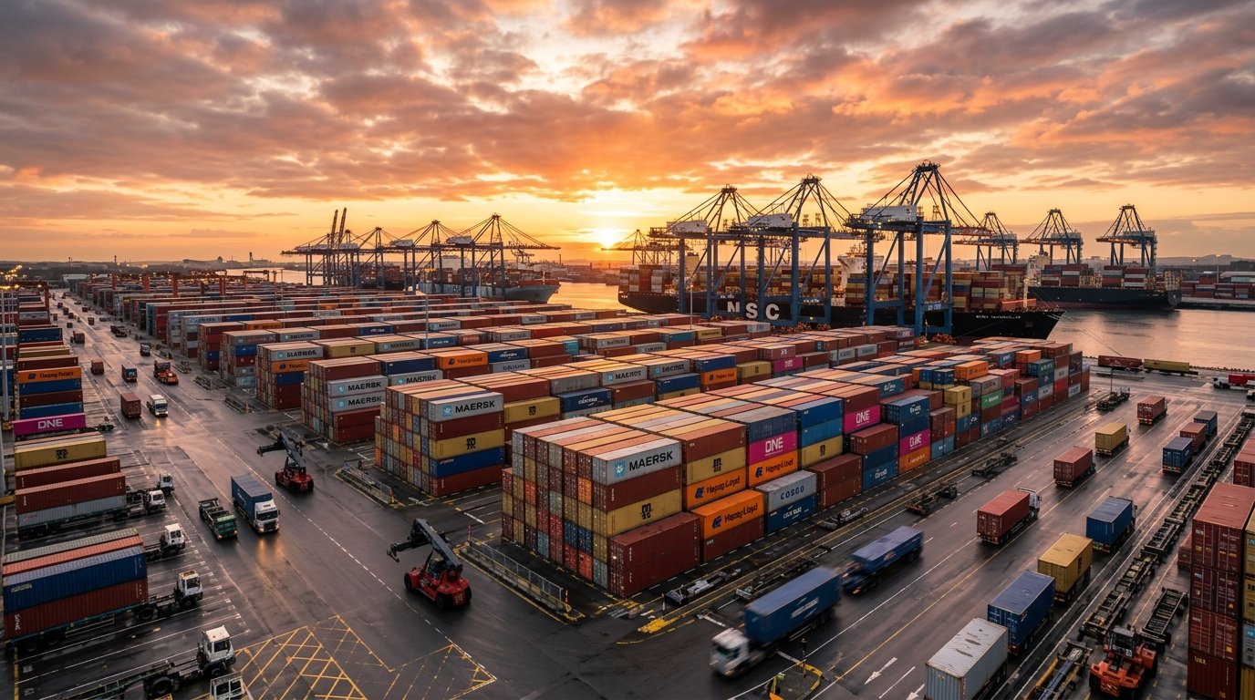 Container port at dusk symbolizing surging EV and charger export volumes