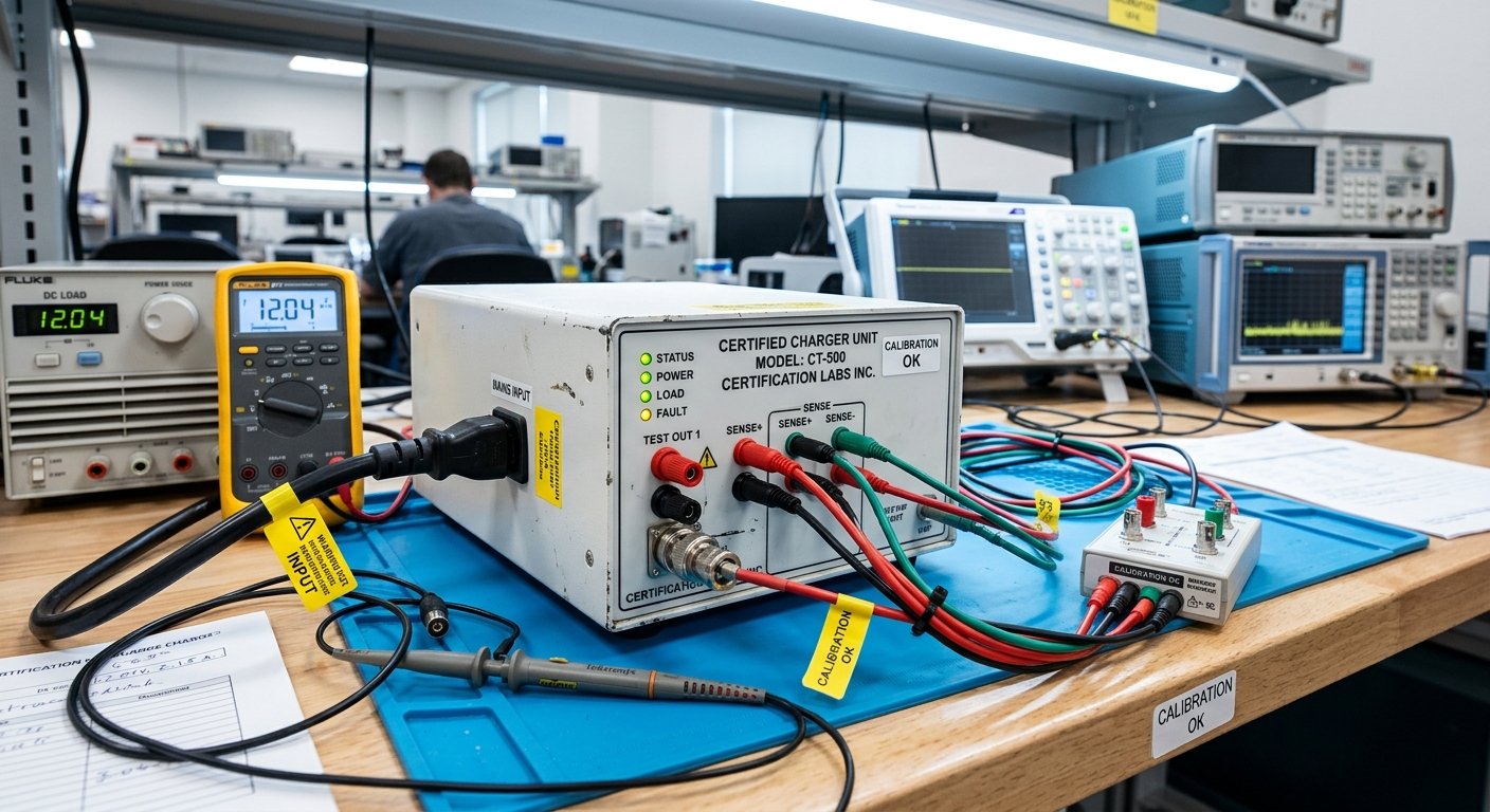 Testing lab verifying EV charger safety certification compliance
