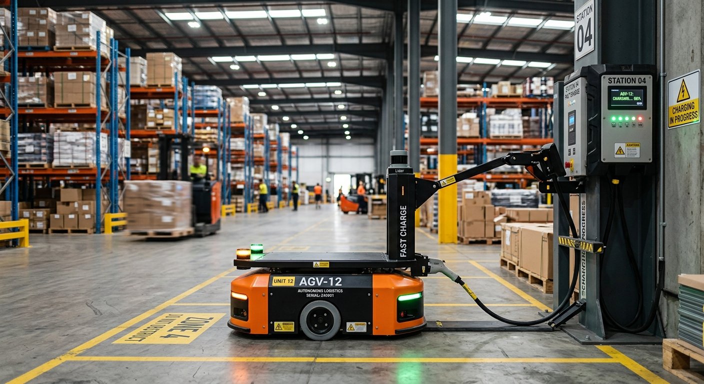 AGV charging station inside a warehouse logistics facility